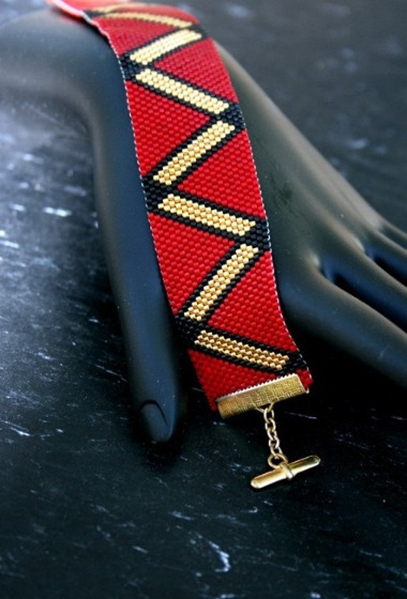 Beadwork Bracelet - Simple Peyote Beaded Handmade Bracelet Seed Beads In Red, Black And Gold