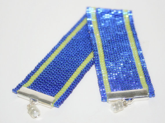 Beadwork Bracelet - Handmade Peyote Beaded Bracelet, In Cobalt Blue Seed Beads, Accented By Lime Green Seed Beads, Narrow Cuff